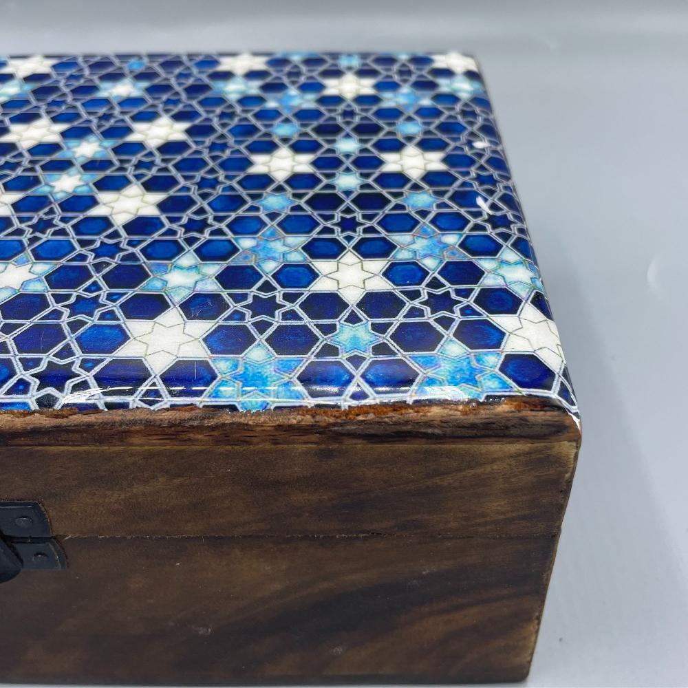 Ancient Wisdom Large Ceramic Glazed Wood Box - 20x15x7.5cm - Blue Stars
