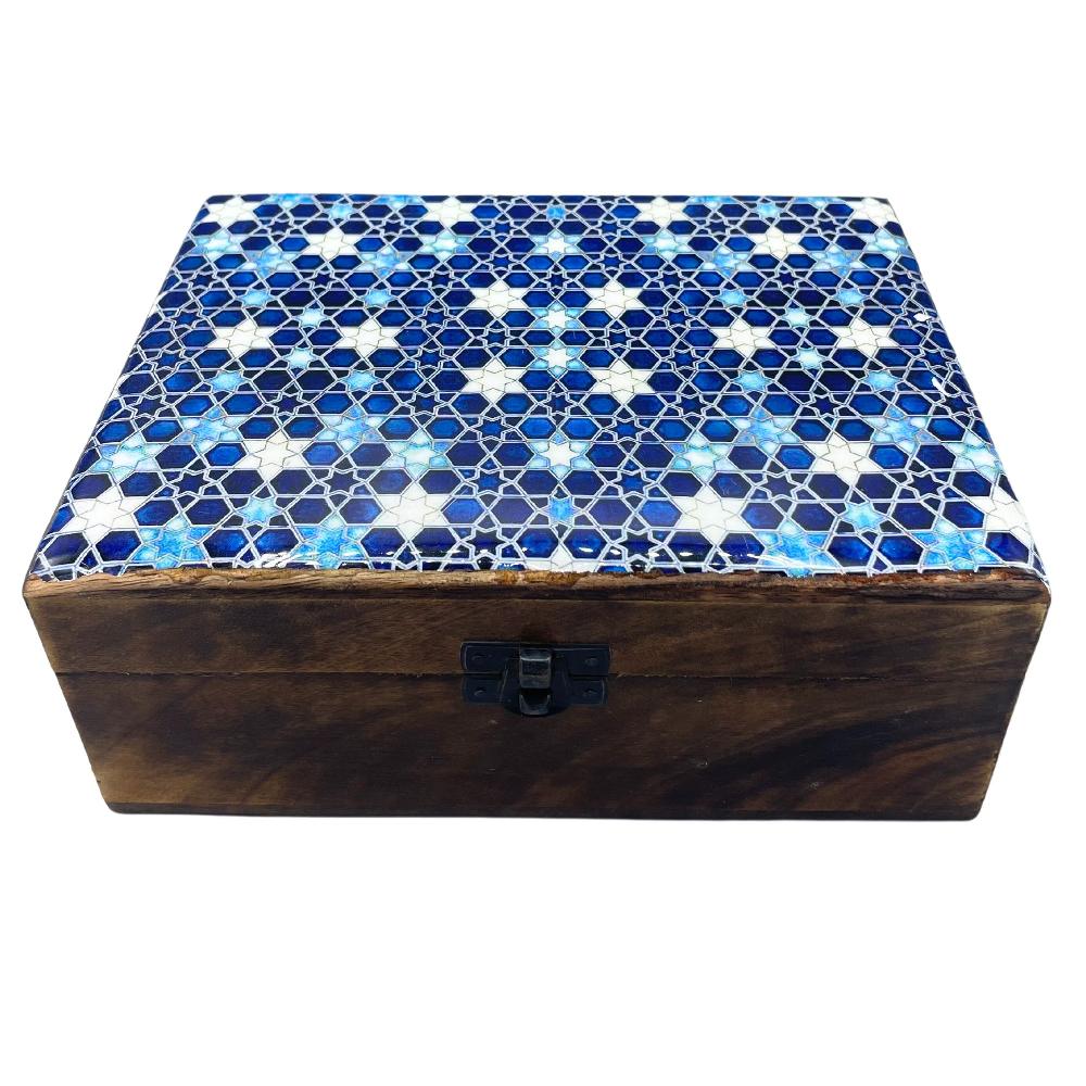 ancient wisdom Large Ceramic Glazed Wood Box - 20x15x7.5cm - Blue Stars