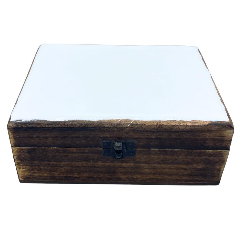 ancient wisdom Large Ceramic Glazed Wood Box - 20x15x7.5cm - White