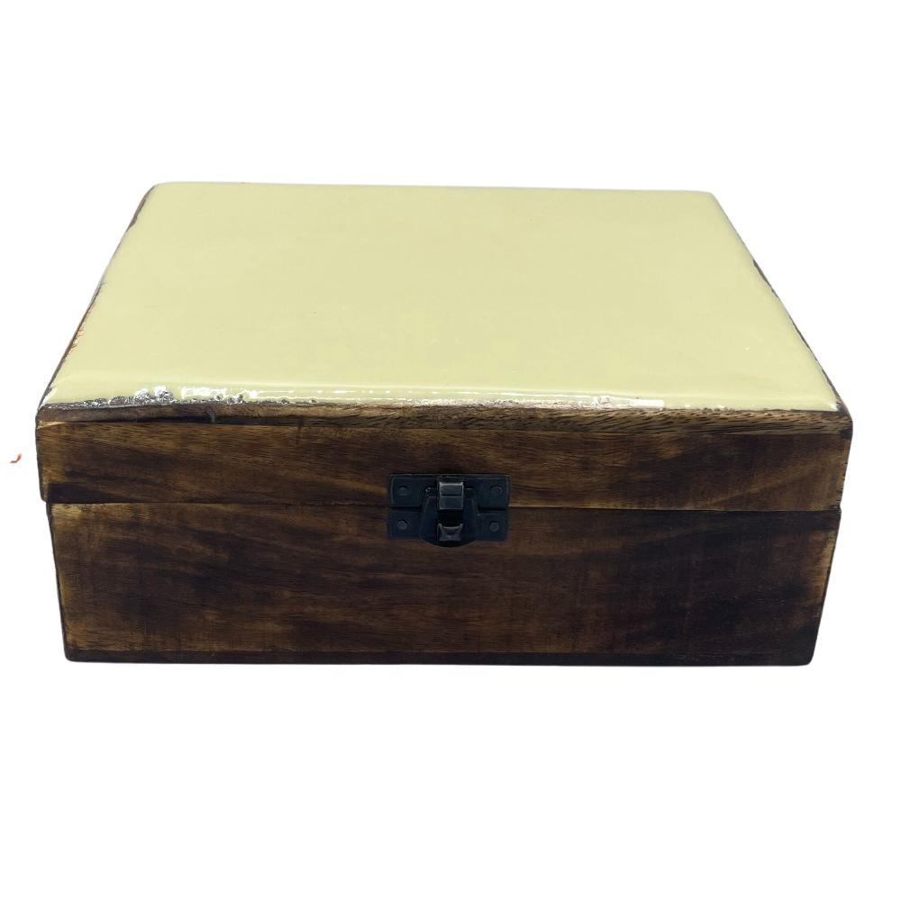 ancient wisdom Large Ceramic Glazed Wood Box - 20x15x7.5cm - Yellow