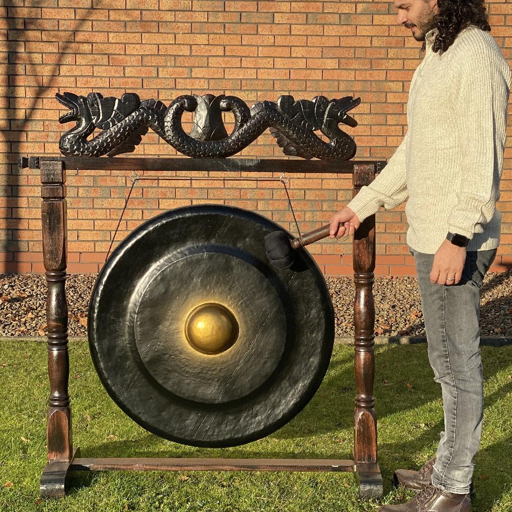 Ancient Wisdom Large Gong In Brown Antique Stand - 80cm - Black