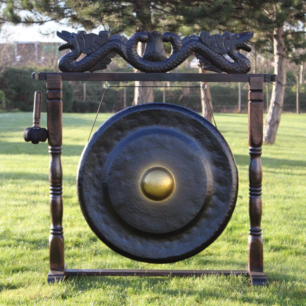 Ancient Wisdom Large Gong In Brown Antique Stand - 80cm - Black