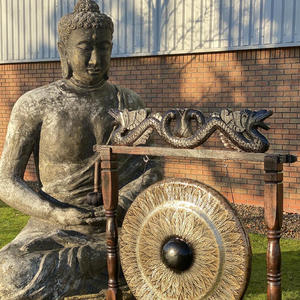 Ancient Wisdom Large Gong In Brown Antique Stand - 80cm - Black - Pattern