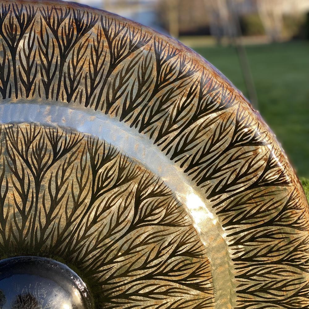 Ancient Wisdom Large Gong In Brown Antique Stand - 80cm - Black - Pattern