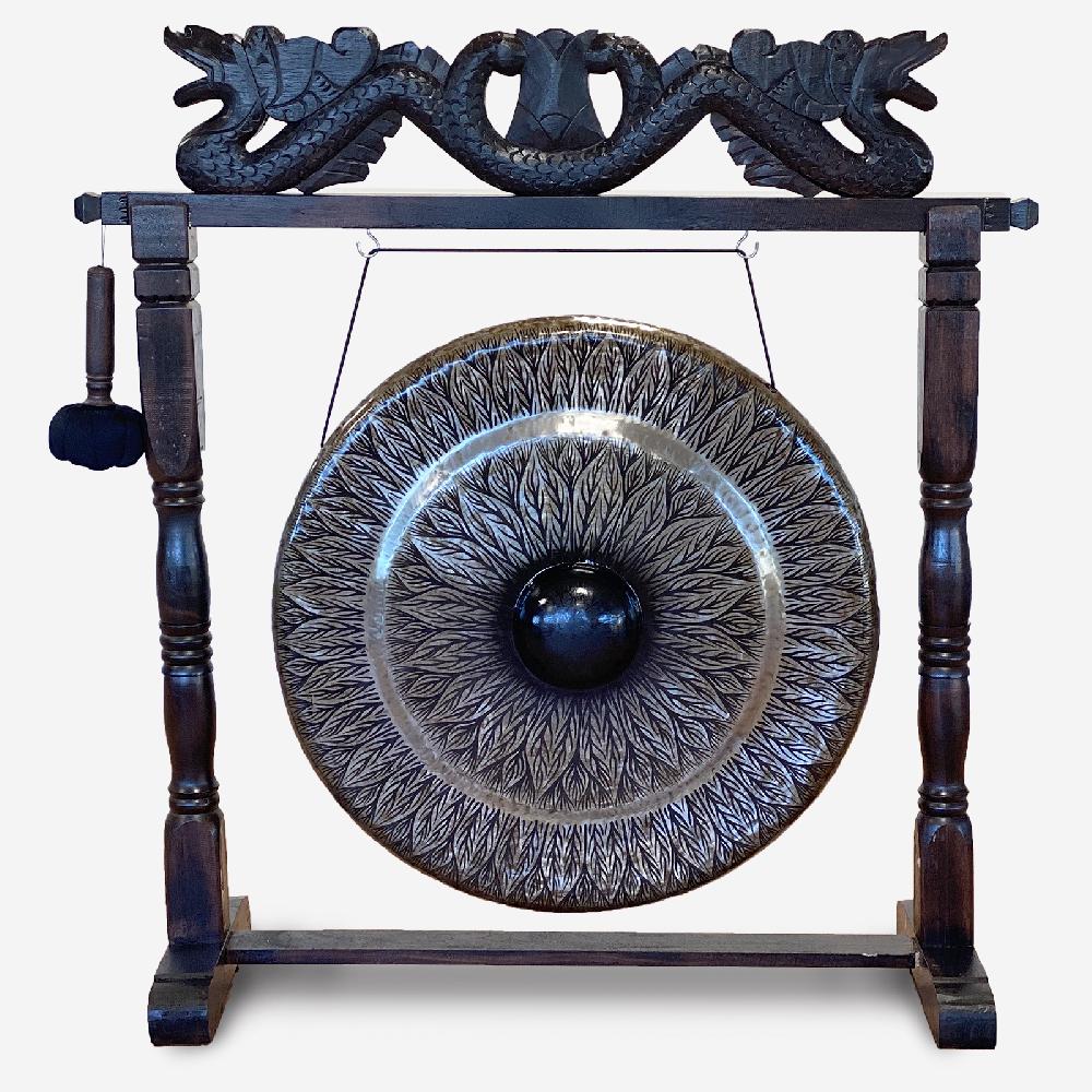 ancient wisdom Large Gong in Brown Antique Stand - 80cm - Black - pattern
