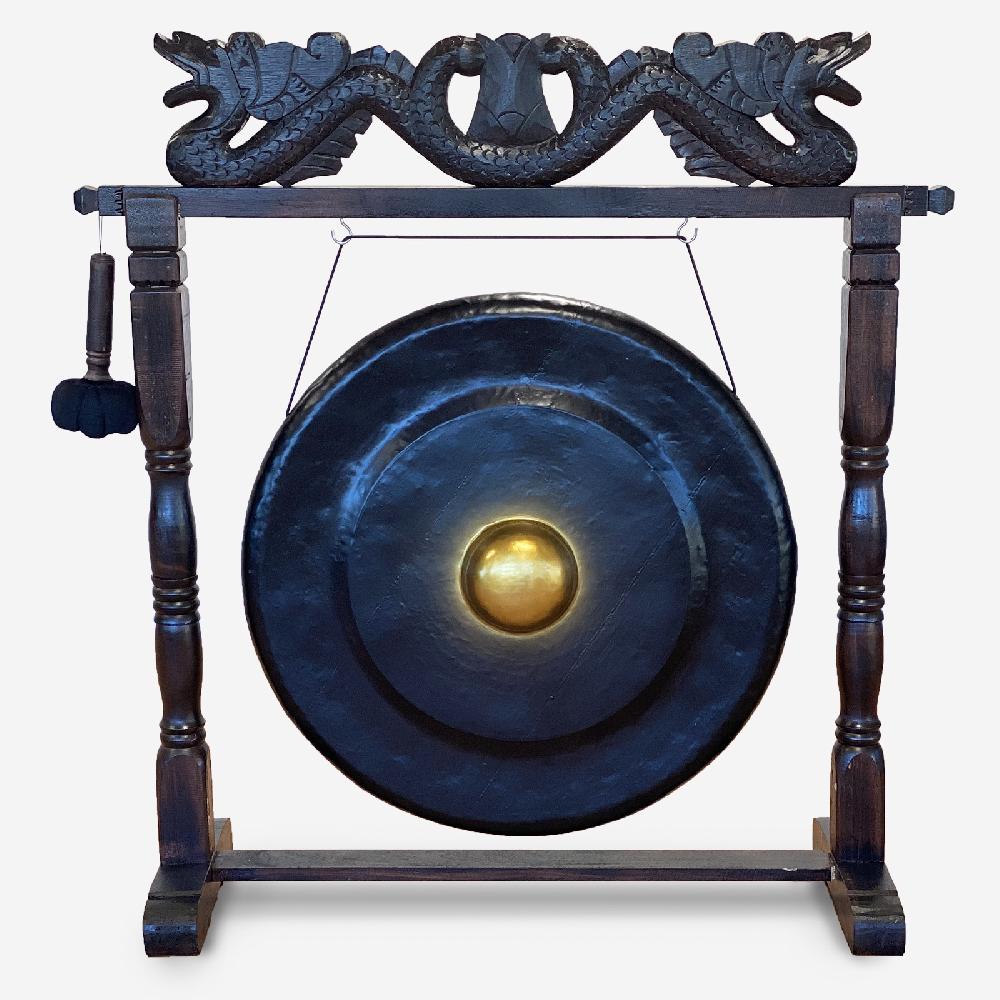 ancient wisdom Large Gong in Brown Antique Stand - 80cm - Black