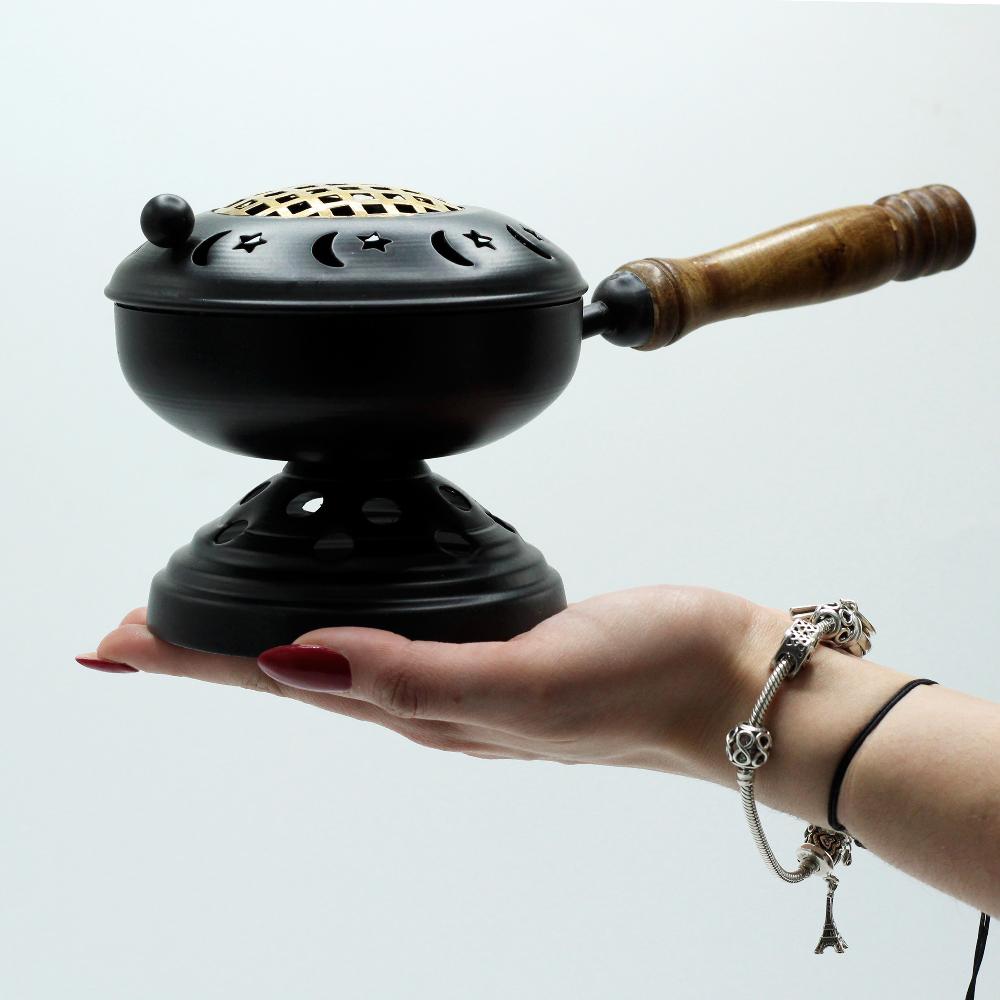 Ancient Wisdom Large Iron Censer On Stand Incense Burner - Gold Detail