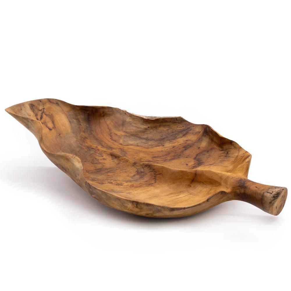 Ancient Wisdom Large Leaf Shaped Teakwood Fruit Bowl - 40x24x5cm