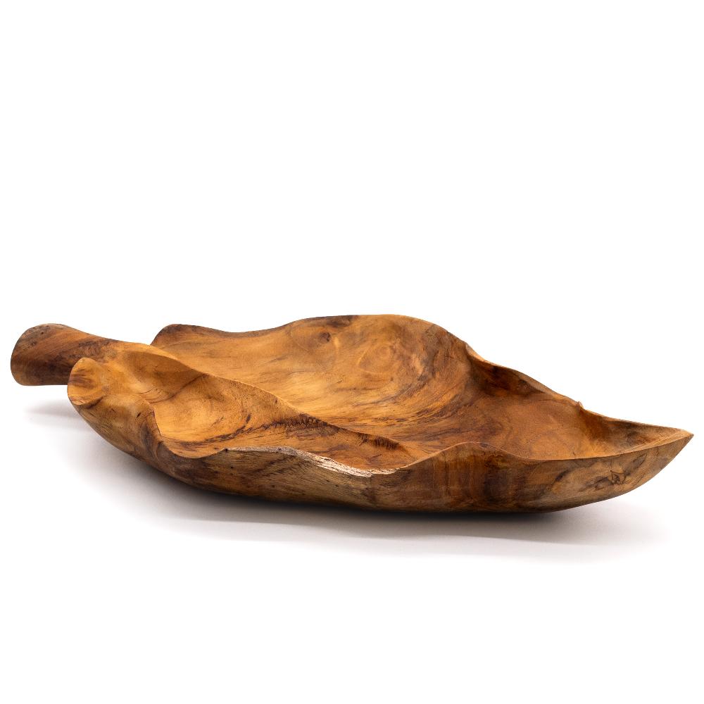 Ancient Wisdom Large Leaf Shaped Teakwood Fruit Bowl - 40x24x5cm