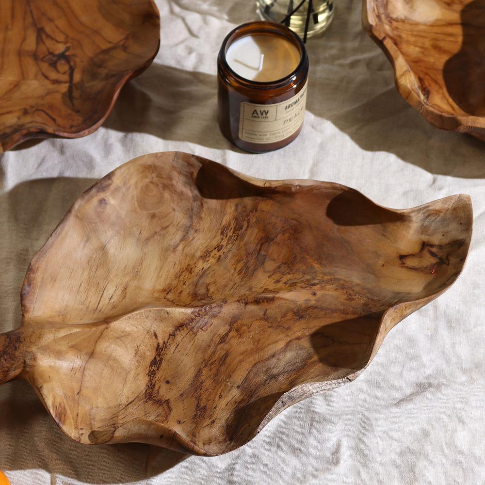 Ancient Wisdom Large Leaf Shaped Teakwood Fruit Bowl - 40x24x5cm
