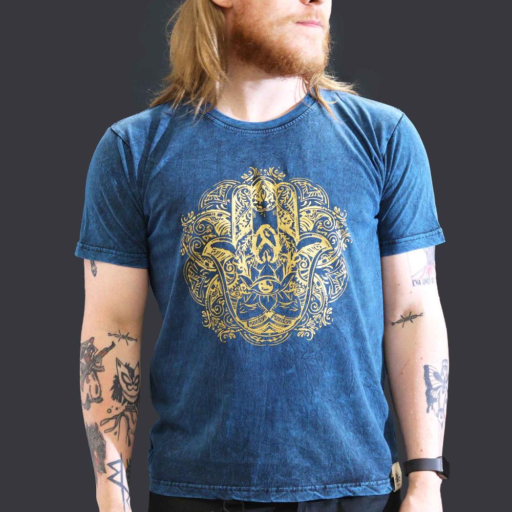 ancient wisdom Large Stone Washed T-Shirt - Hamsa - Blue