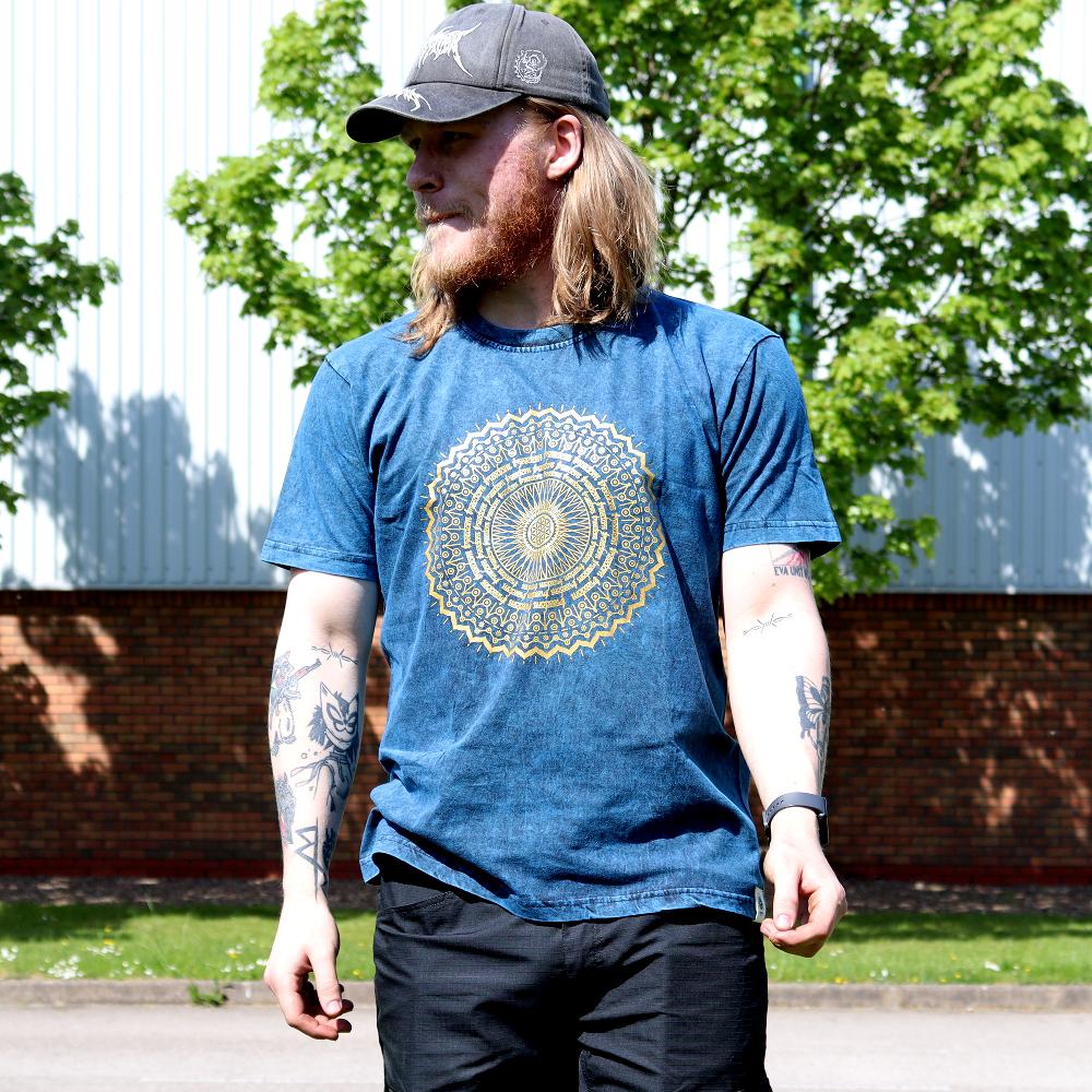 Ancient Wisdom Large Stone Washed T-Shirt - Mandala - Blue