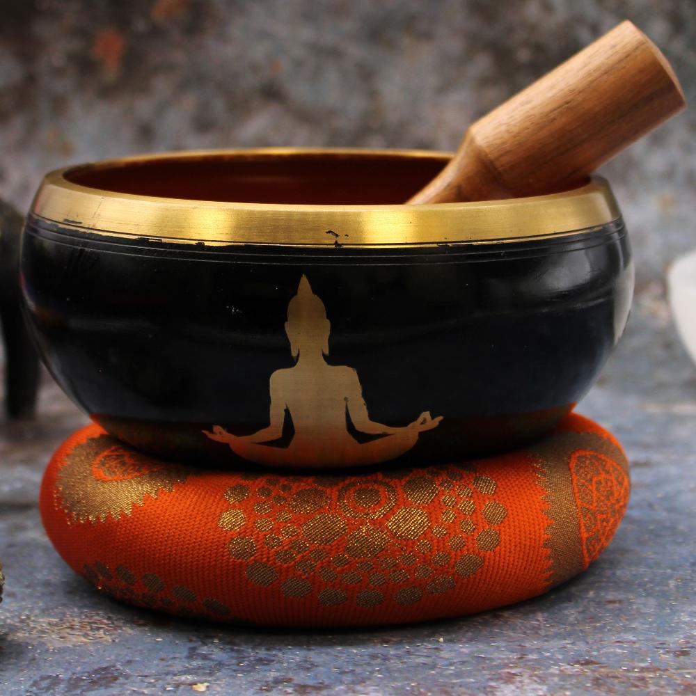Ancient Wisdom Lrg Buddha Singing Bowl Set- Black/Orange 14cm
