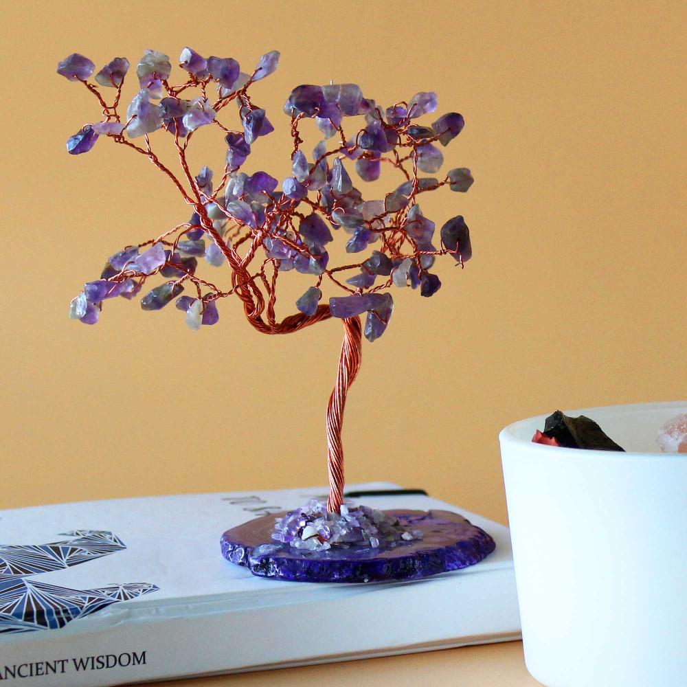 ancient wisdom Lrg Gemstone Tree - Amethyst on Natural Agate Base (100 stones)