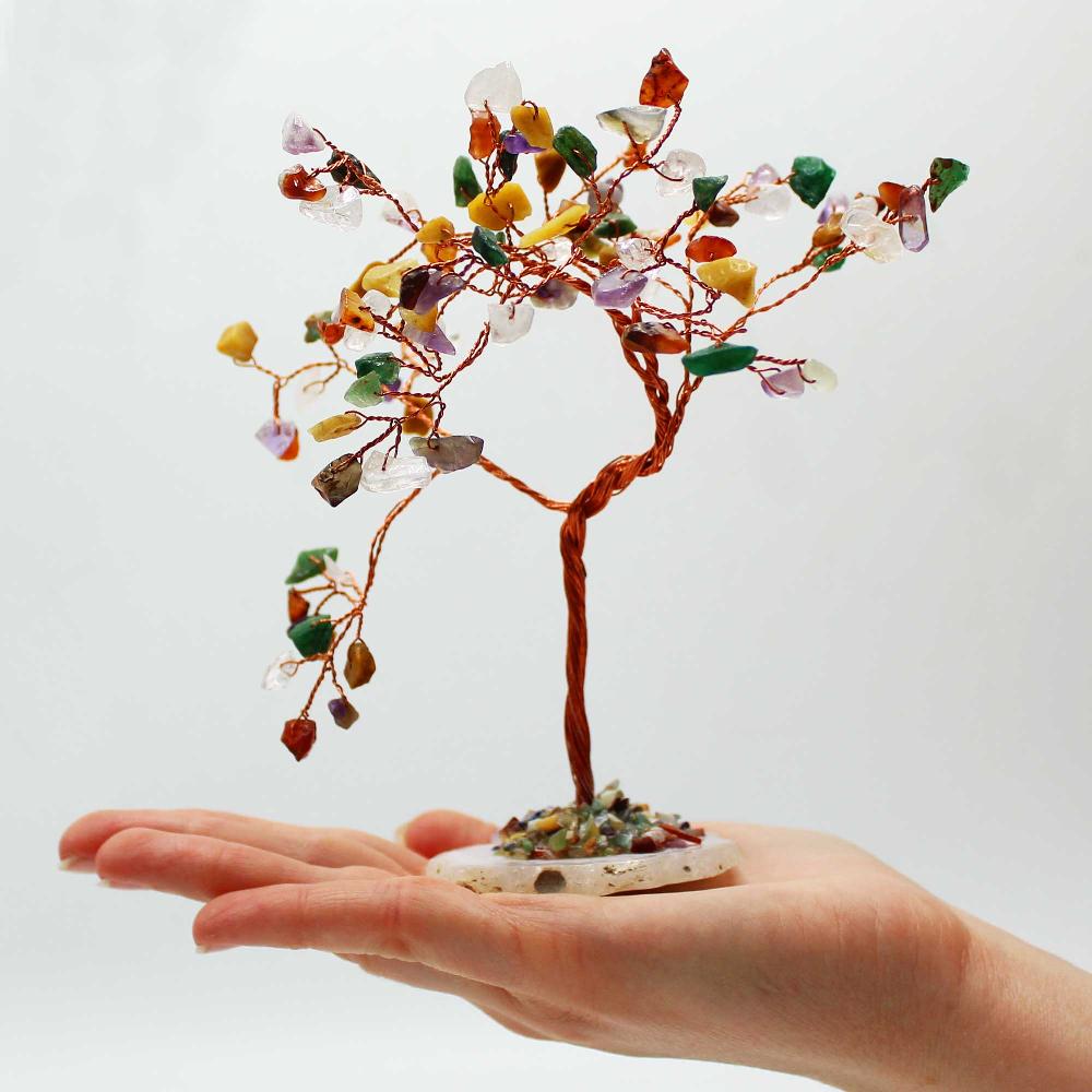 Ancient Wisdom Lrg Gemstone Tree - Multi Stones On Natural Agate Base (100 Stones)