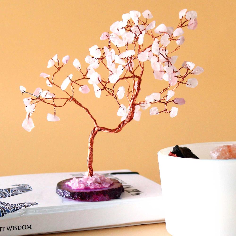 ancient wisdom Lrg Gemstone Tree - Rose Quartz on Pink Agate Base (100 stones)