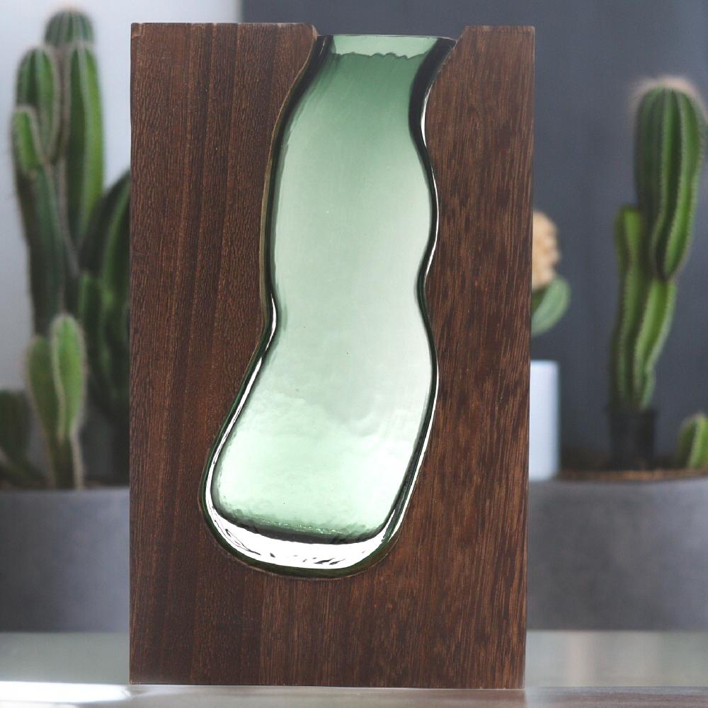 Ancient Wisdom Lrg Glass Vase / Terrarium Inside Dark Tung Wood - 18x5x32cm