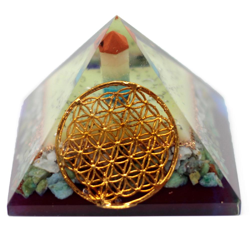 ancient wisdom Lrg Organite Pyramid 80mm - Flower of life symbol