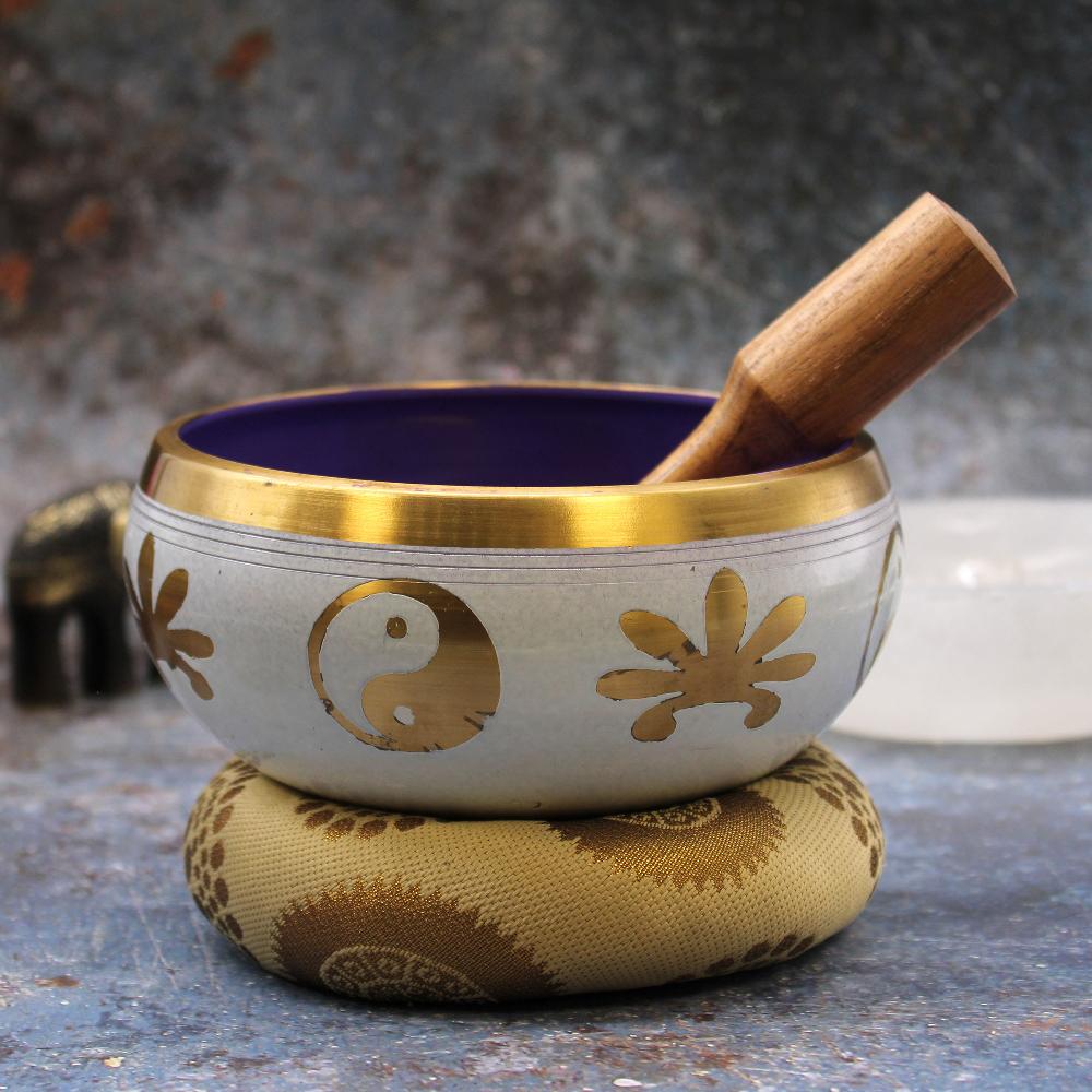 Ancient Wisdom Lrg Yin & Yang Singing Bowl Set- White/Purple 14cm