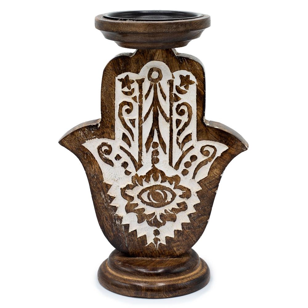 ancient wisdom Mango Wood Candle Stand - Hamsa - Large 25x18cm