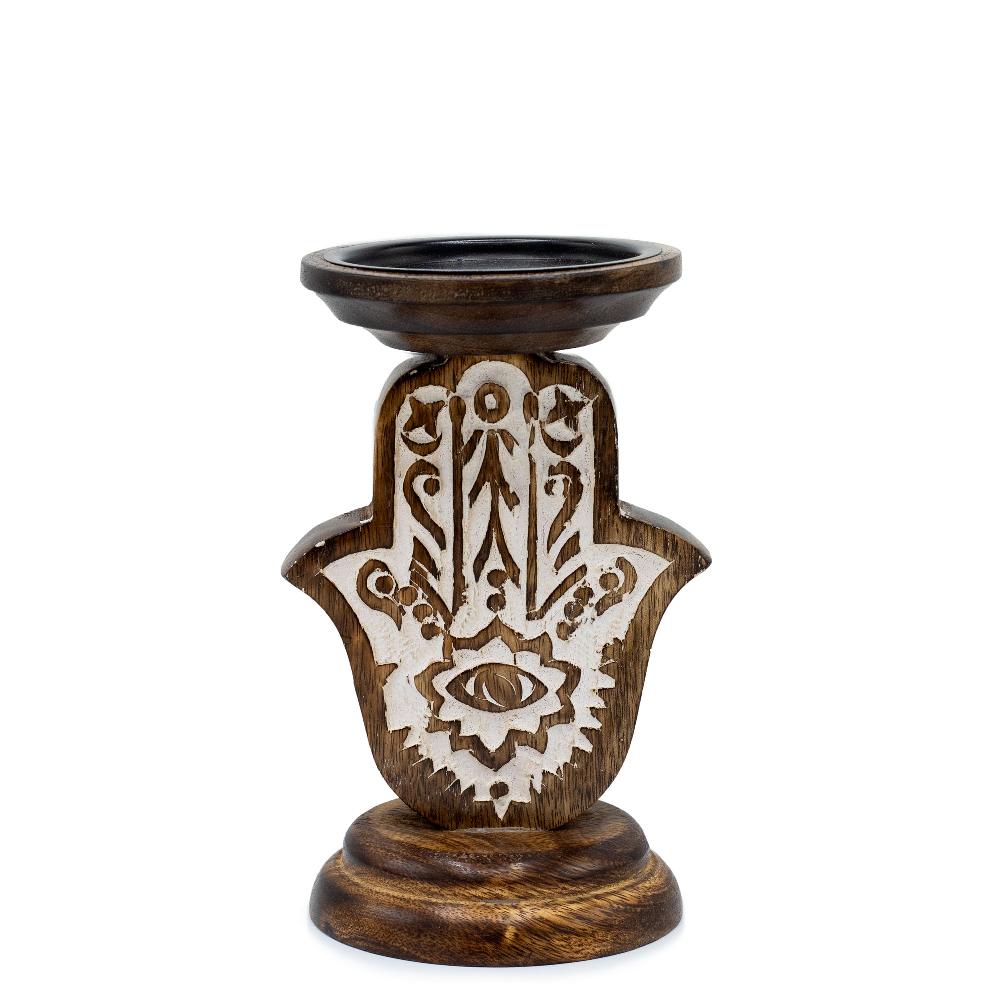 ancient wisdom Mango Wood Candle Stand - Hamsa - Small 18x11cm