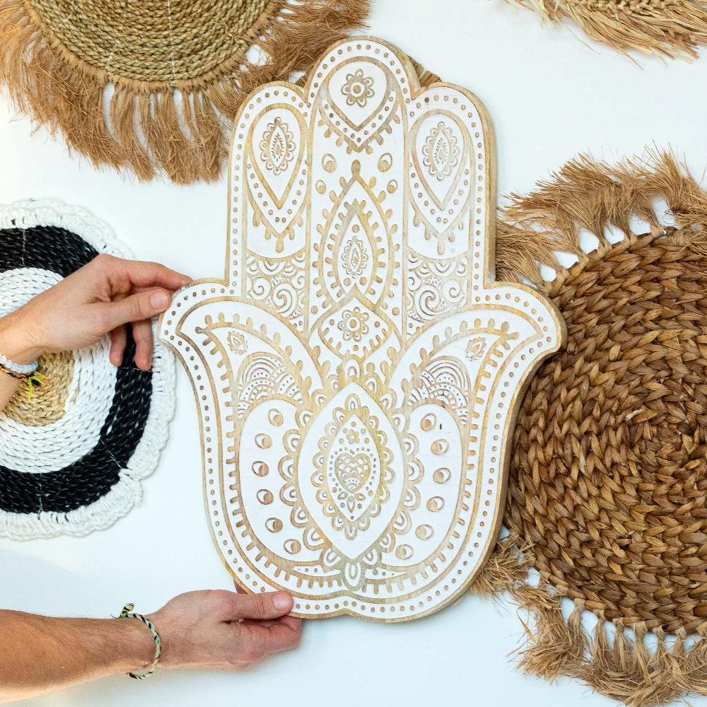 Ancient Wisdom Mango Wood Hamsa Wall Plaque - Whitewash