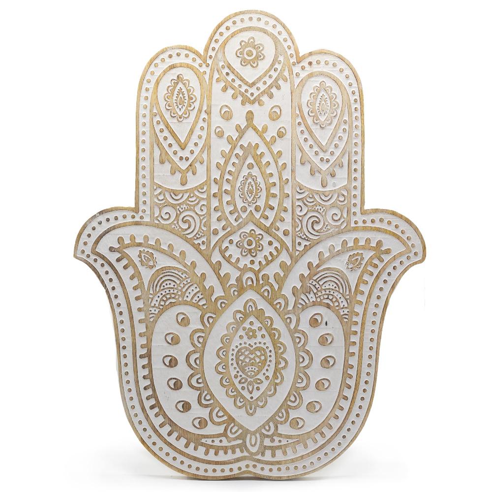 ancient wisdom Mango Wood Hamsa Wall Plaque - Whitewash