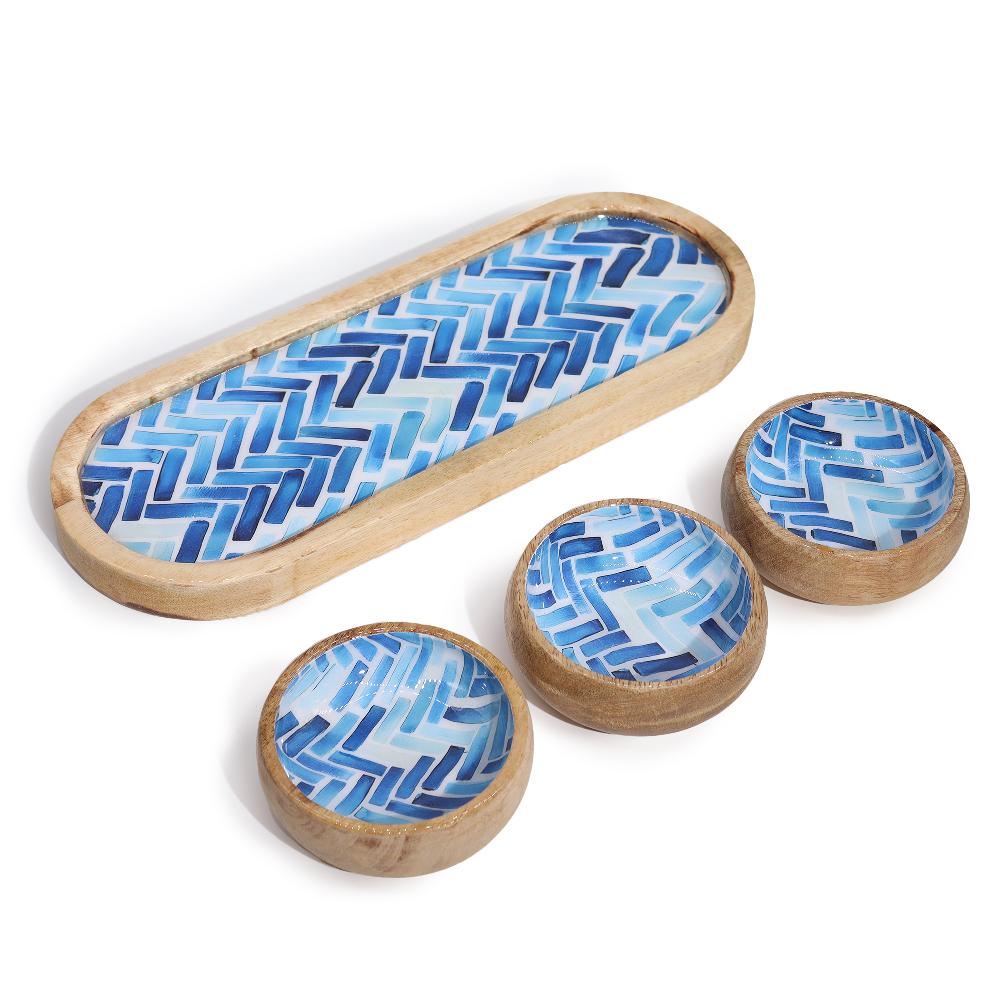 Ancient Wisdom Mango Wood Tray With 3 Bowls - Blue Stripes