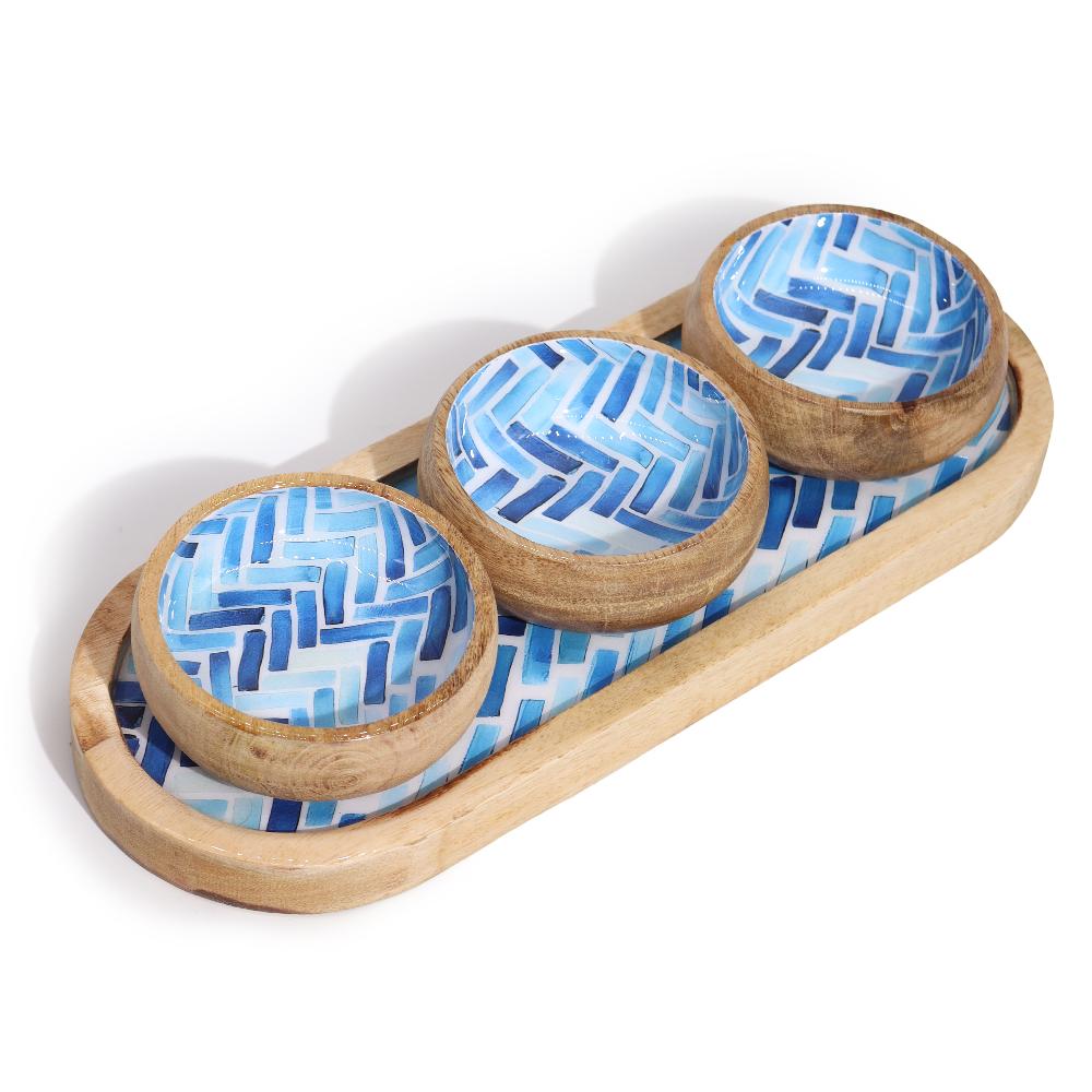 ancient wisdom Mango Wood Tray with 3 Bowls - Blue Stripes
