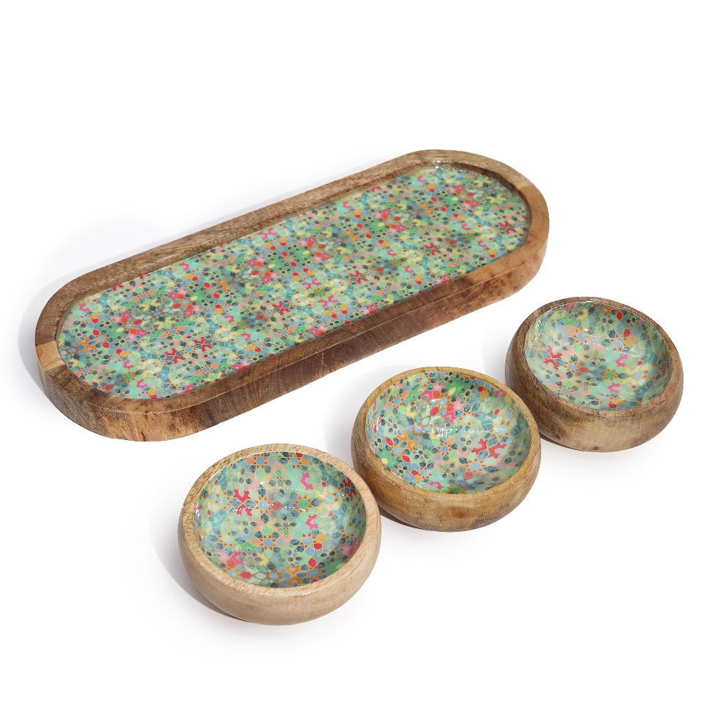 Ancient Wisdom Mango Wood Tray With 3 Bowls - Mediterranean Tile Pattern