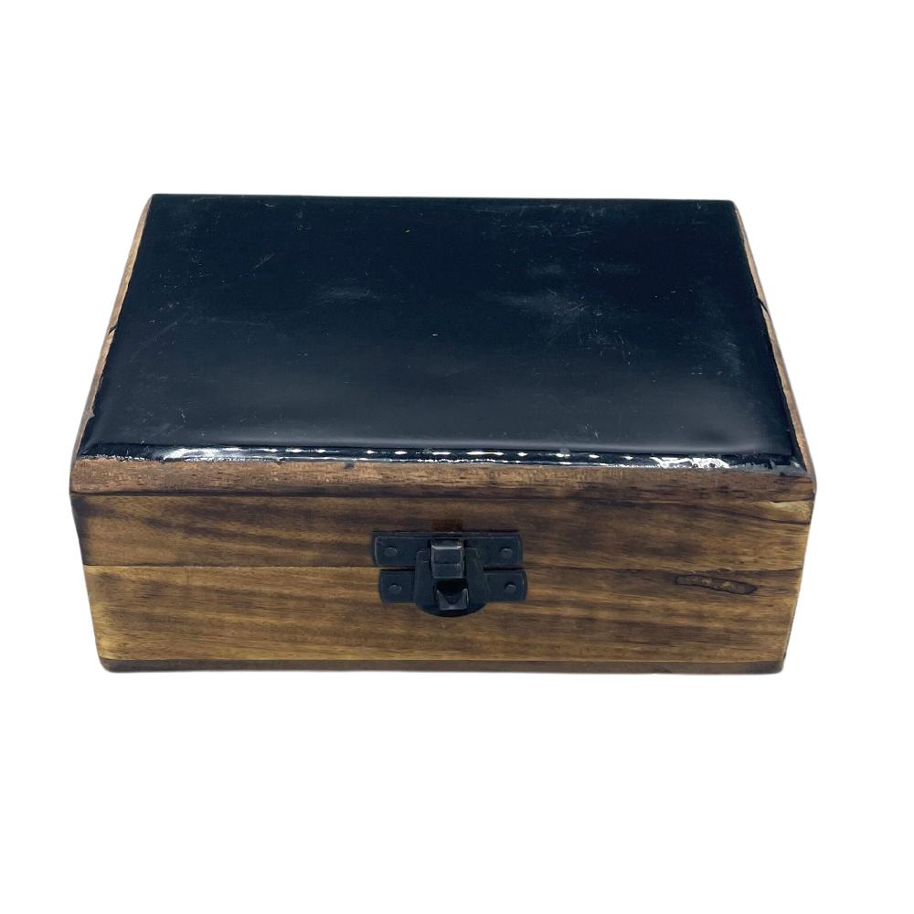 ancient wisdom Medium Ceramic Glazed Wood Box - 15x10x6cm - Black