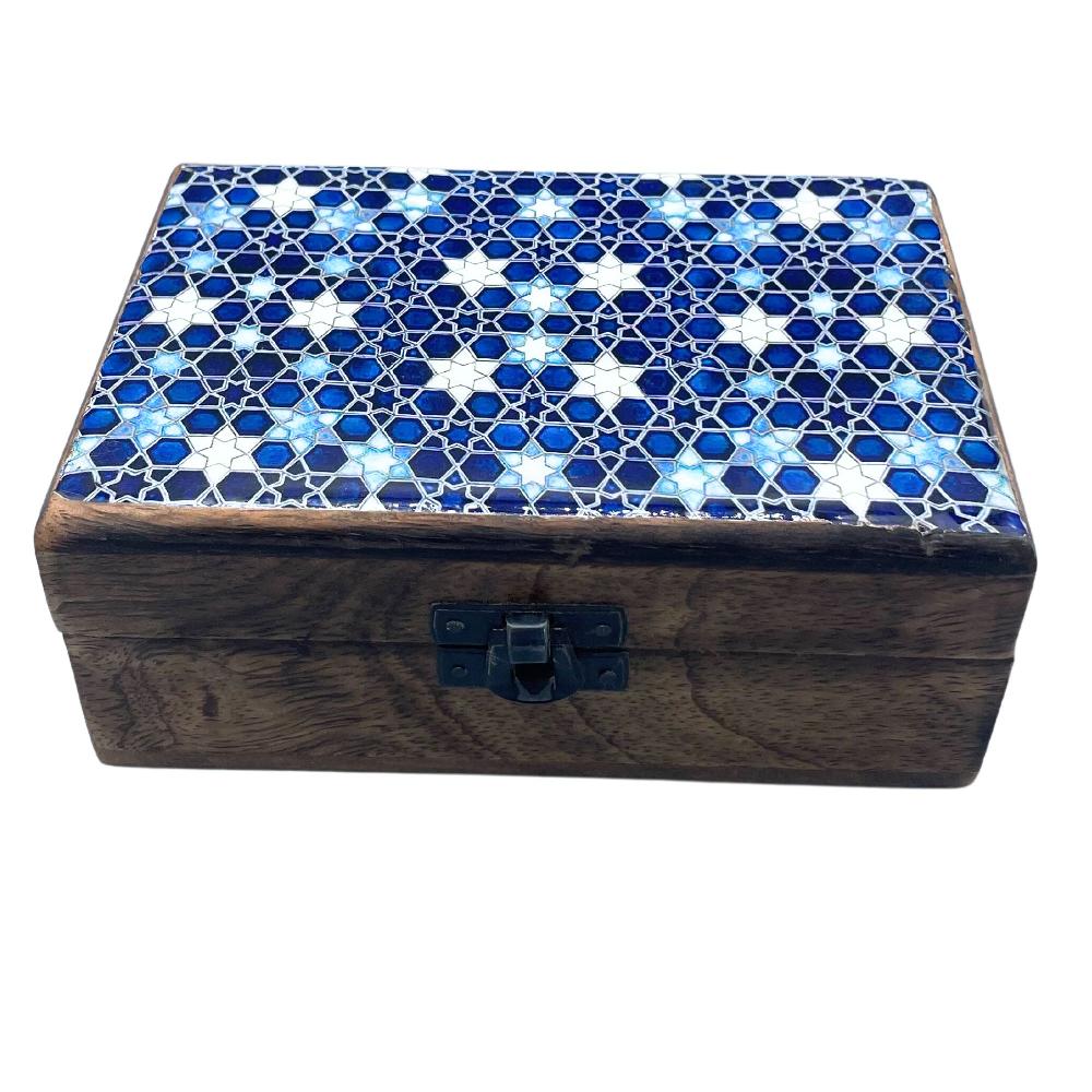 ancient wisdom Medium Ceramic Glazed Wood Box - 15x10x6cm - Blue Stars