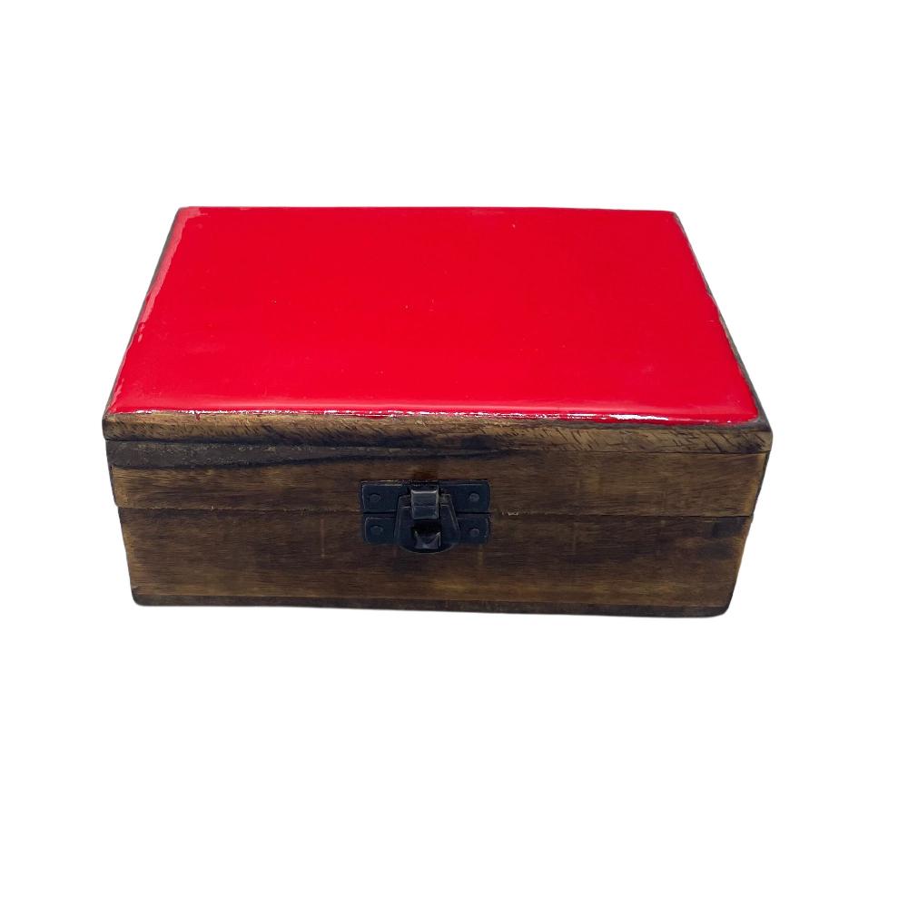 ancient wisdom Medium Ceramic Glazed Wood Box - 15x10x6cm - Red