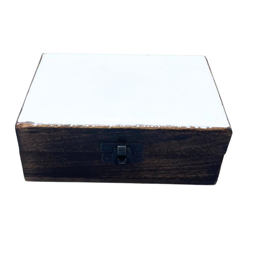 ancient wisdom Medium Ceramic Glazed Wood Box - 15x10x6cm - White