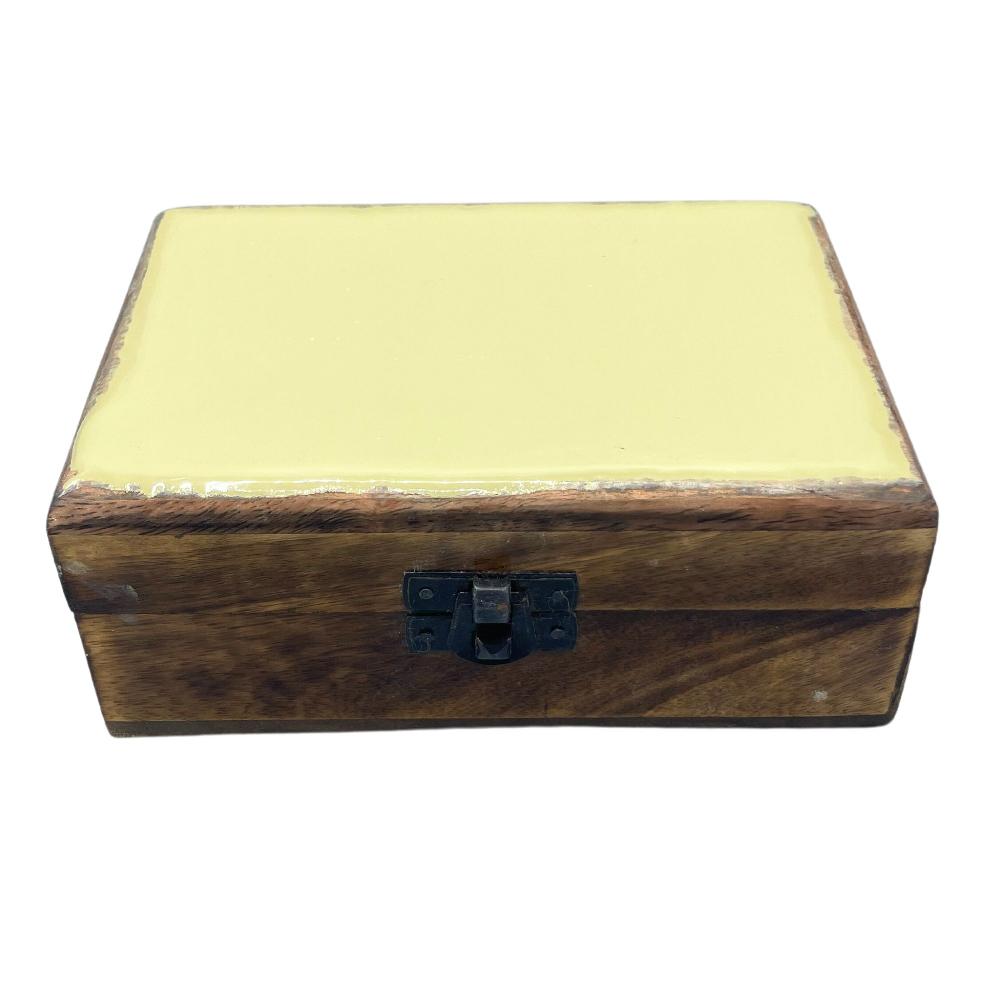 ancient wisdom Medium Ceramic Glazed Wood Box - 15x10x6cm - Yellow