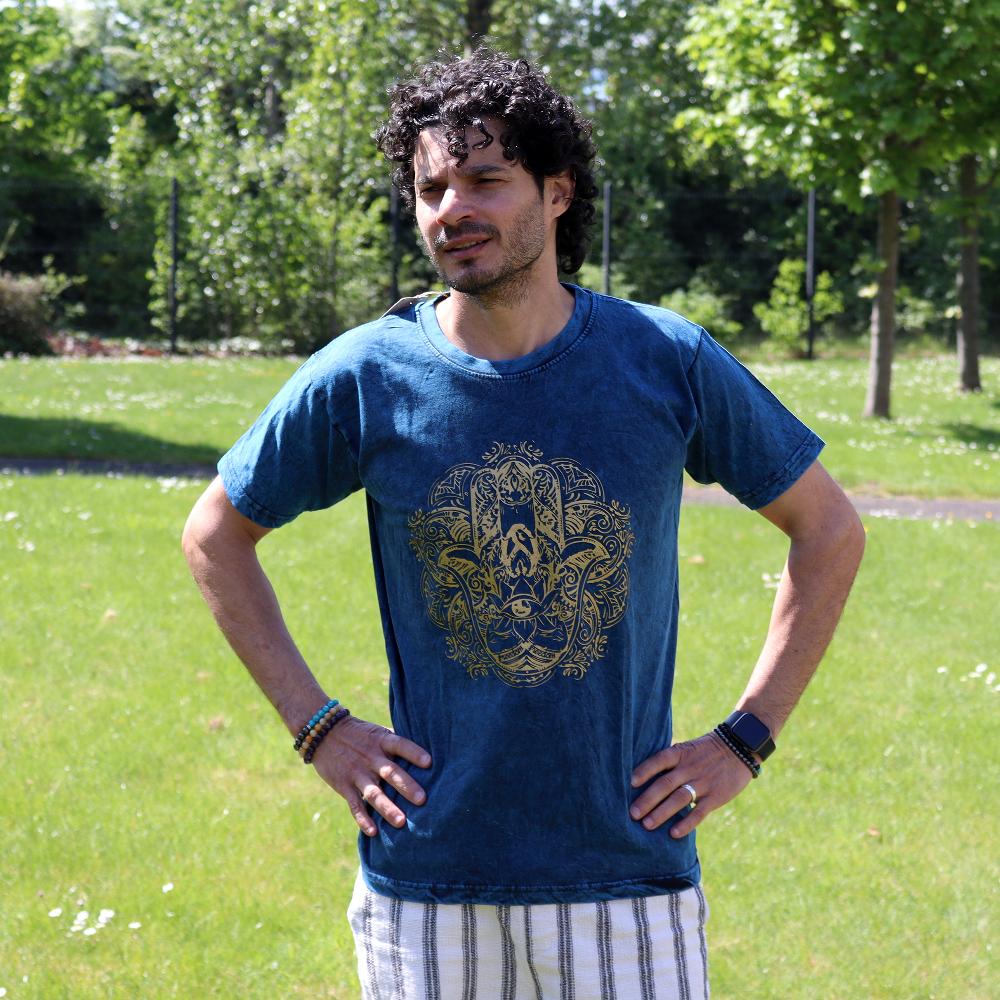 Ancient Wisdom Medium Stone Washed T-Shirt - Hamsa - Blue