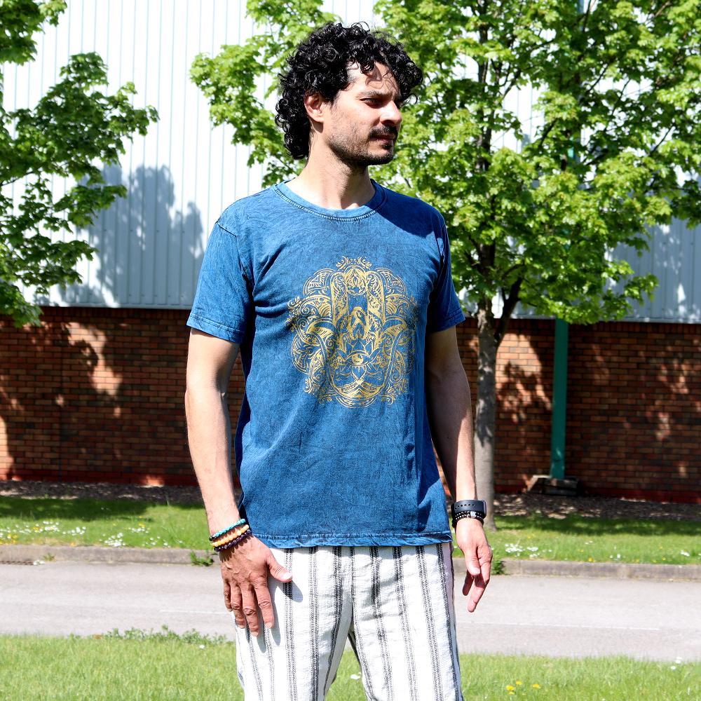 Ancient Wisdom Medium Stone Washed T-Shirt - Hamsa - Blue