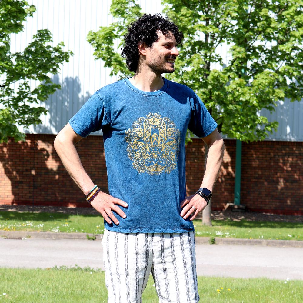 Ancient Wisdom Medium Stone Washed T-Shirt - Hamsa - Blue