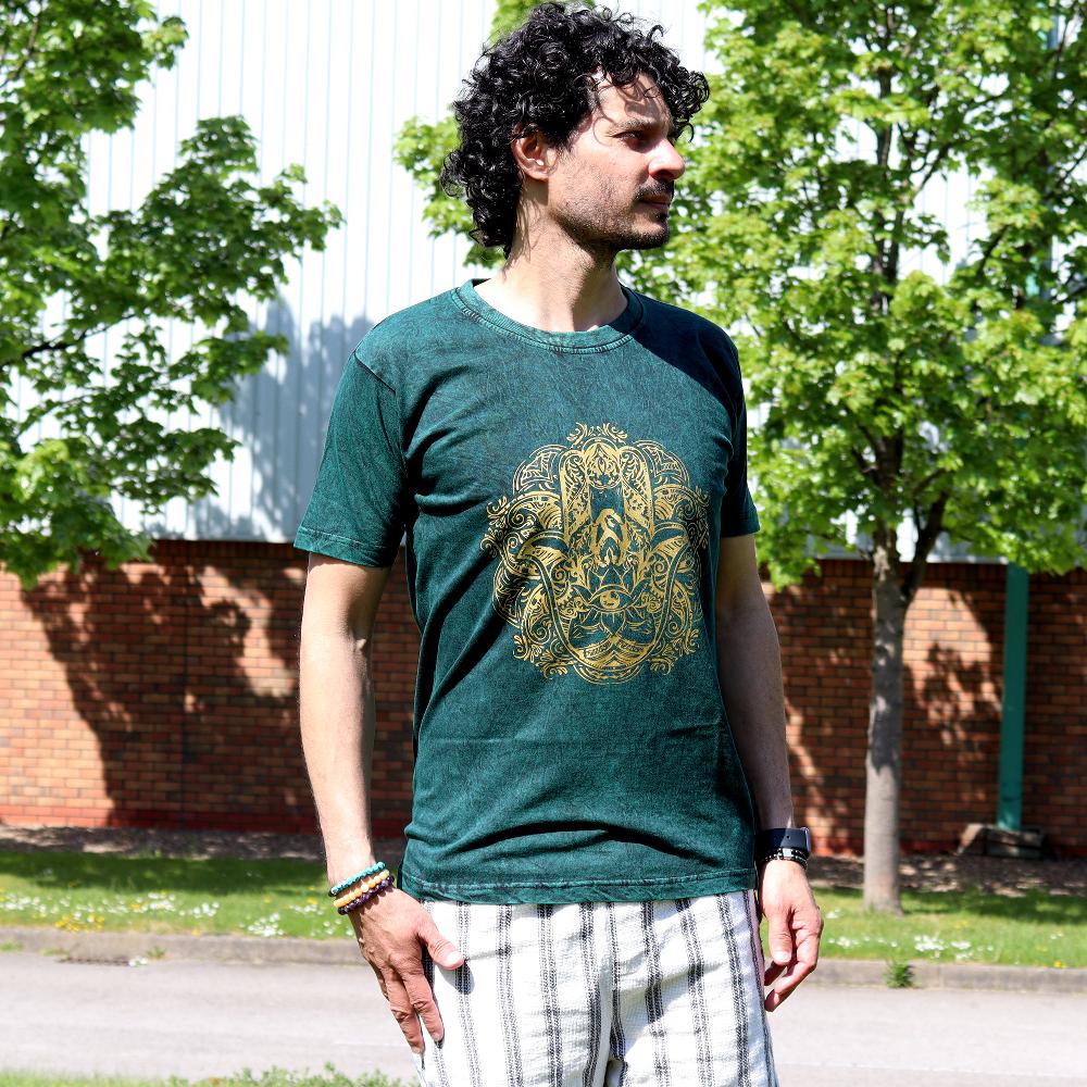 Ancient Wisdom Medium Stone Washed T-Shirt - Hamsa - Green