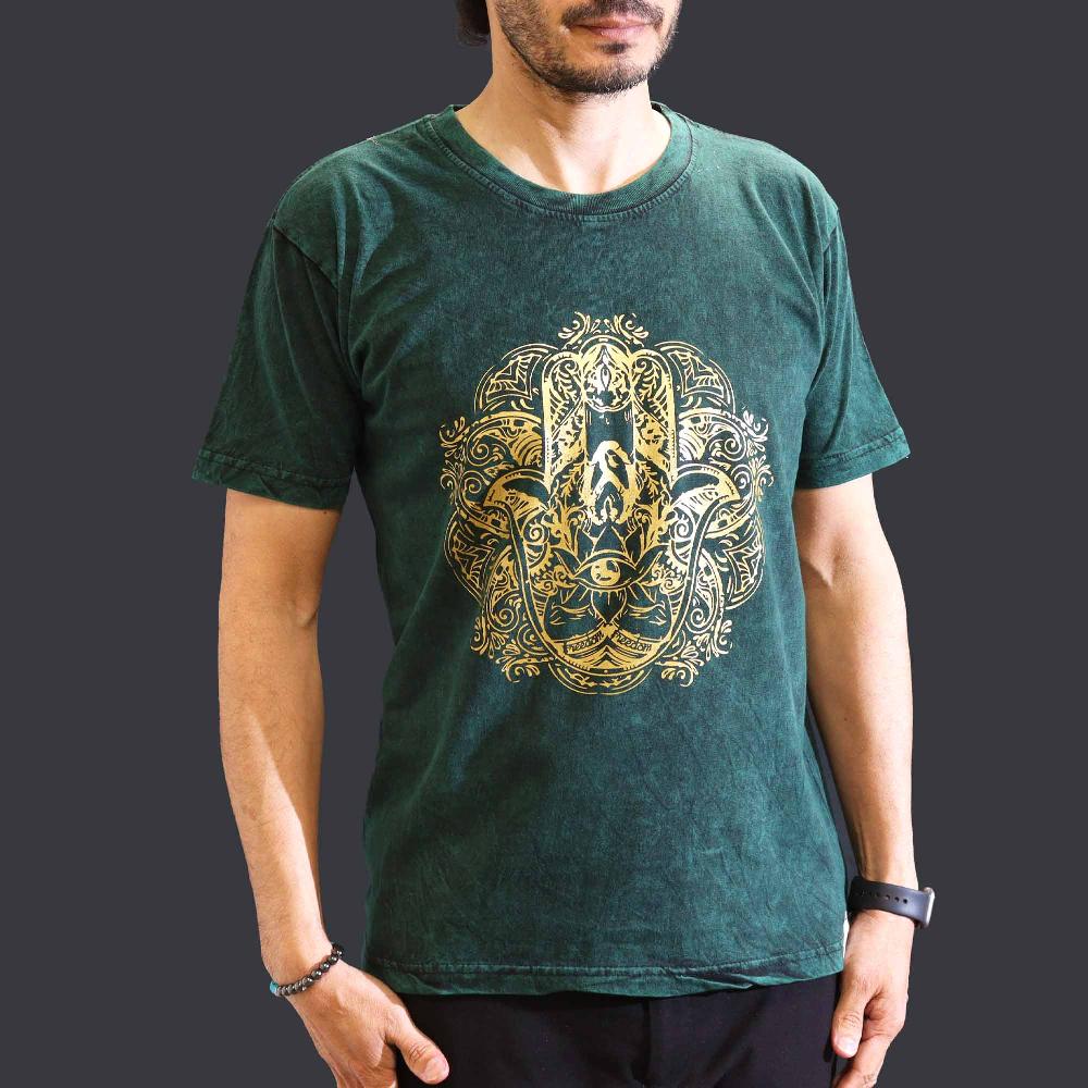 ancient wisdom Medium Stone Washed T-Shirt - Hamsa - Green