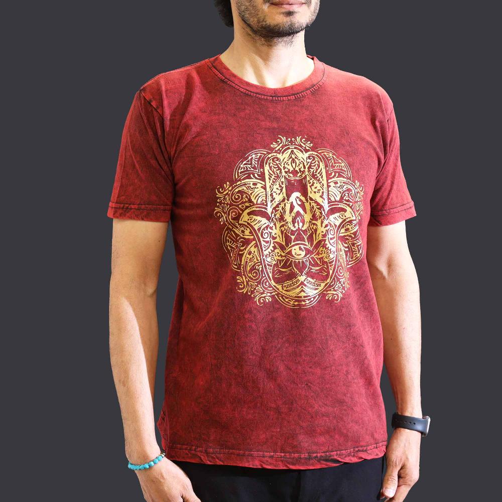 Ancient Wisdom Medium Stone Washed T-Shirt - Hamsa - Maroon