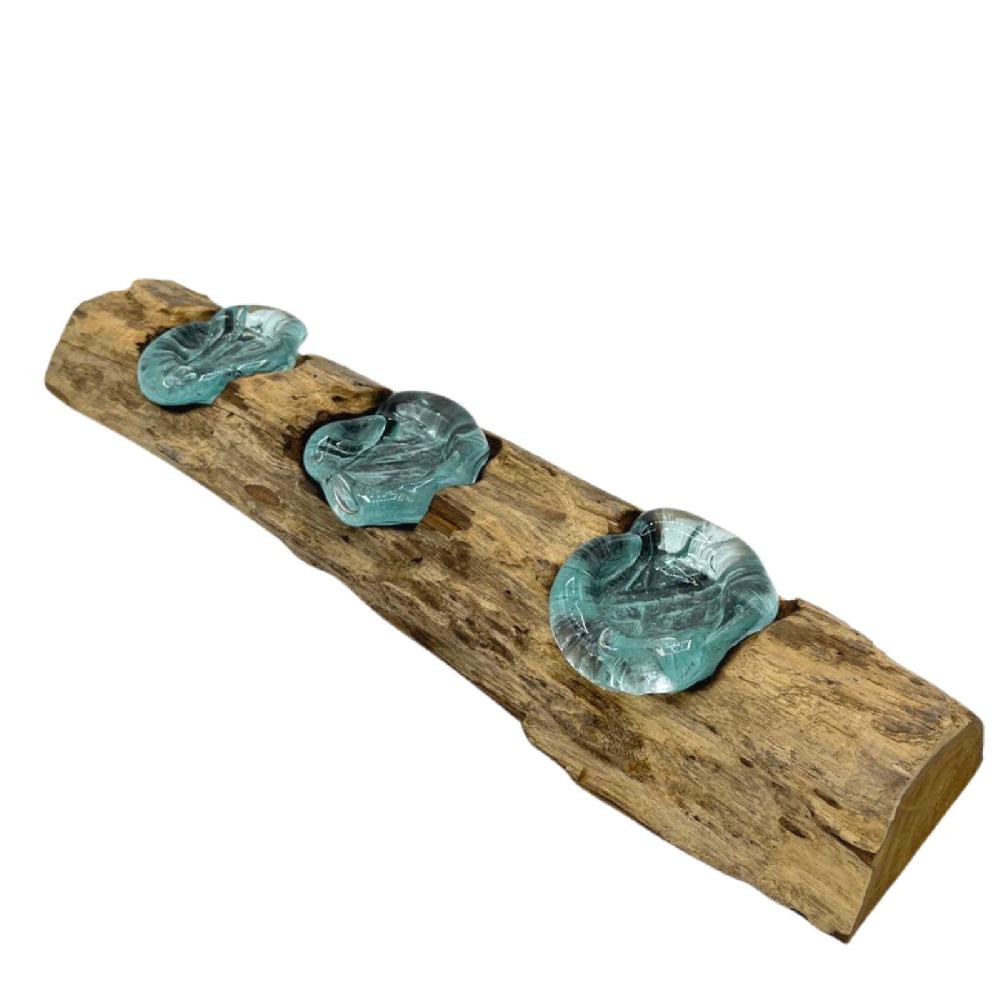 Ancient Wisdom Molten Glass Flat Triple Candle Holder On Wood