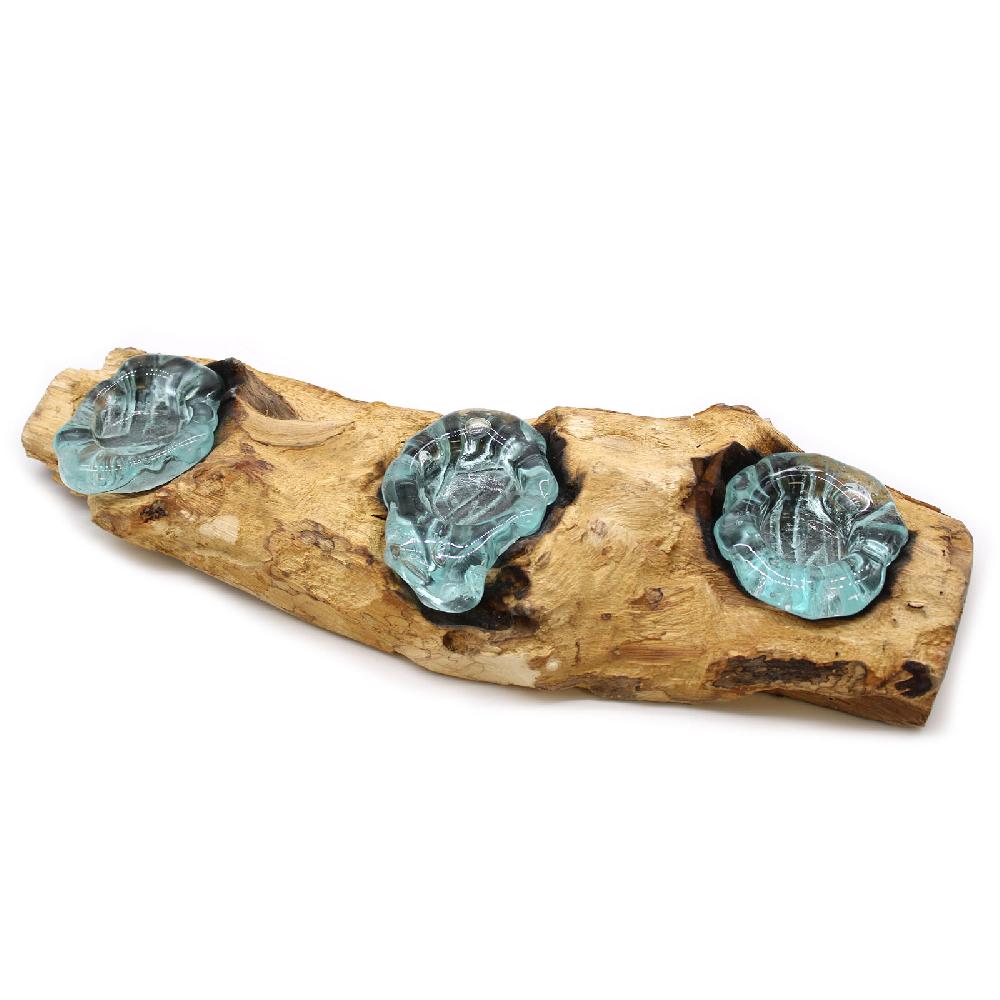 ancient wisdom Molten Glass Flat Triple Candle Holder on Wood