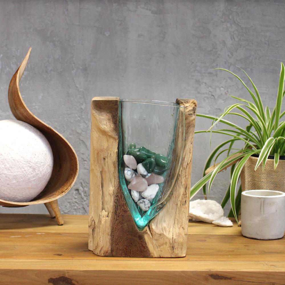 Ancient Wisdom Molten Glass V-shaped Art Vase On Wood