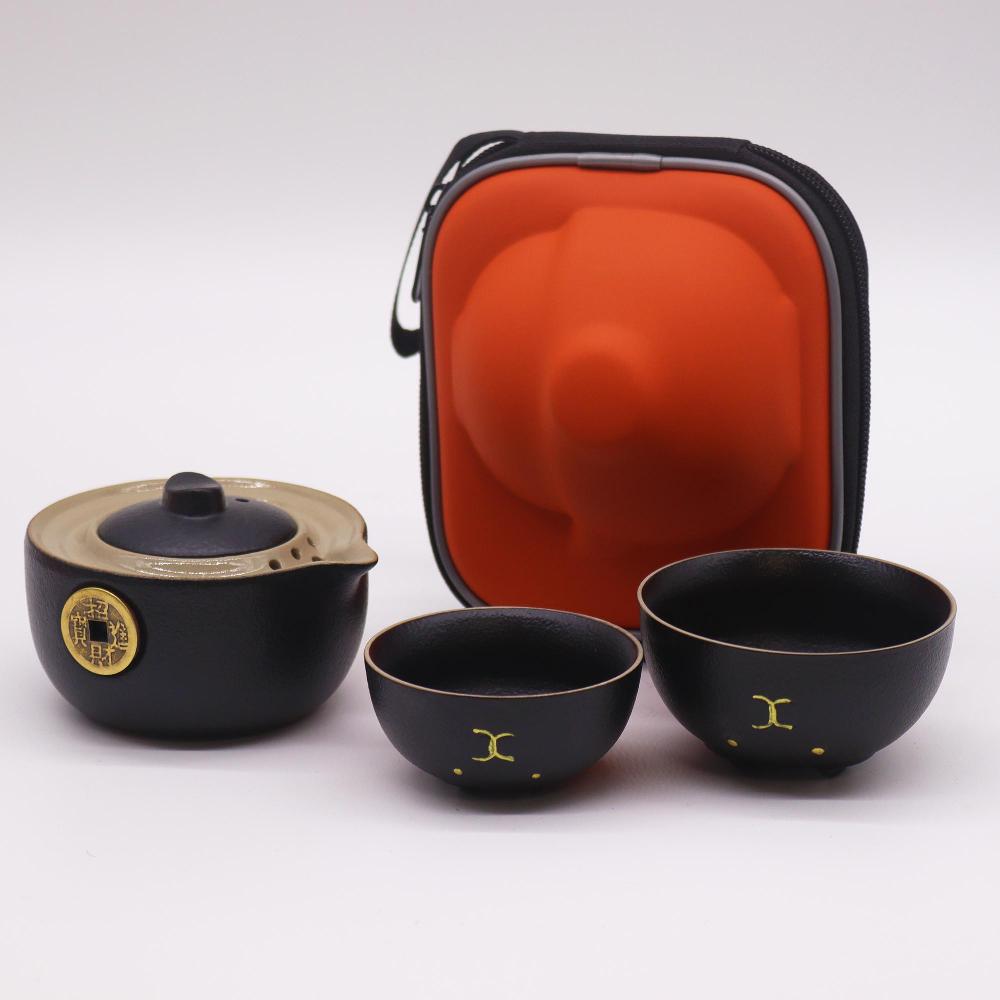 Ancient Wisdom Money Cat Teapot Set - Two Cups - Travel Pack - Black