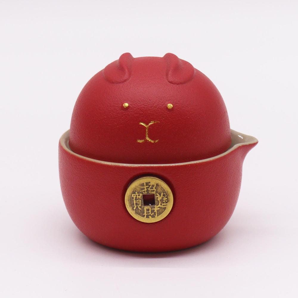 Ancient Wisdom Money Cat Teapot Set - Two Cups - Travel Pack - Red