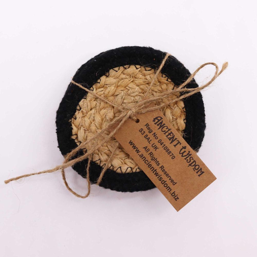 Ancient Wisdom Natural Coaster - Jute & Cotton 10cm (set Of 4) - Black Boarder