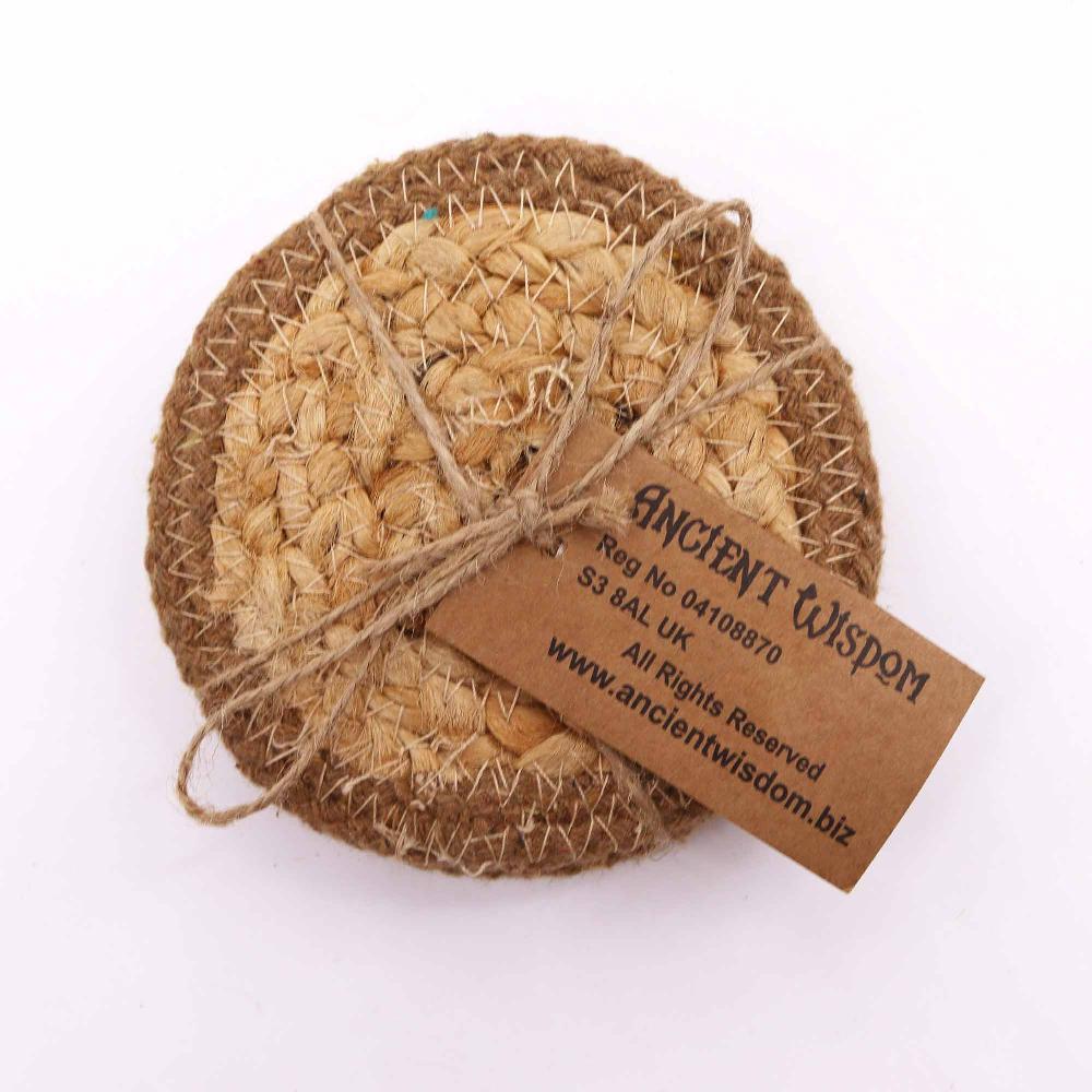 Ancient Wisdom Natural Coaster - Jute & Cotton 10cm (set Of 4) - Natural Boarder