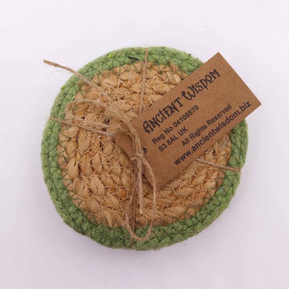 Ancient Wisdom Natural Coaster - Jute & Cotton 10cm (set Of 4) - Olive Boarder
