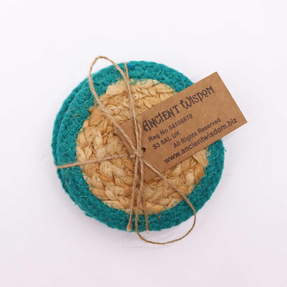 Ancient Wisdom Natural Coaster - Jute & Cotton 10cm (set Of 4) - Teal Boarder